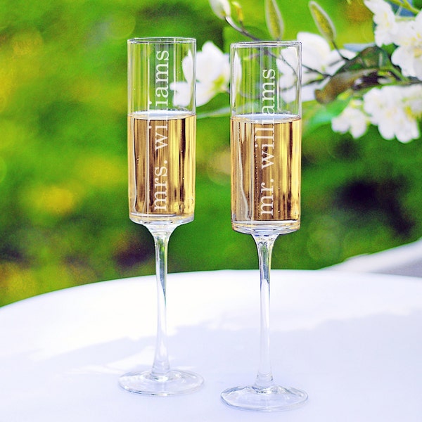 mr. and mrs. Champagne Flutes  (2)| Contemporary Flutes | Toasting Flutes | Toasting Glasses  | Personalized Flutes | Barware