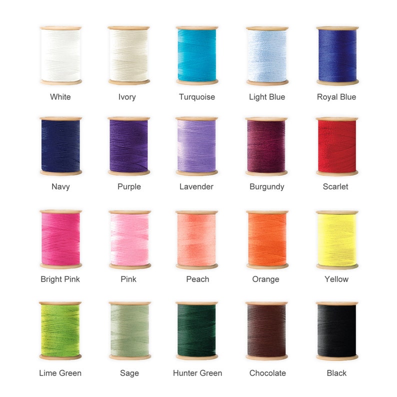 May include: A collection of colorful thread spools in various shades, including white, ivory, turquoise, light blue, royal blue, navy, purple, lavender, burgundy, scarlet, bright pink, pink, peach, orange, yellow, lime green, sage, hunter green, chocolate, and black.