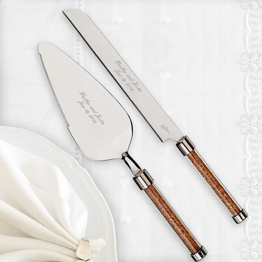 Oleg Cassini Gold Diamond Wedding Cake Server Set Engraved Cake Knife