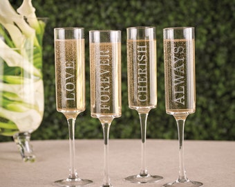 Love Words Contemporary Wedding Toasting Flutes ( Set of 4) | Champagne Flutes | Wedding Glasses | Wedding Flutes | Toasting Glasses |