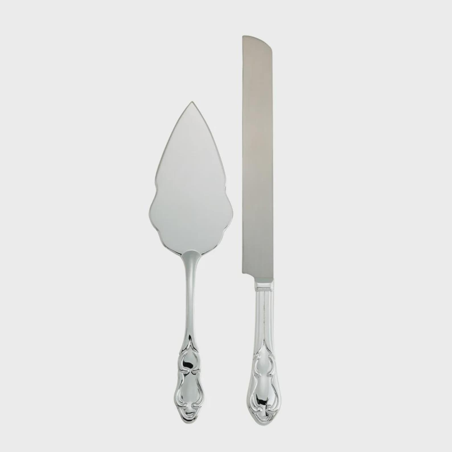 Personalized Silver-Plated Wedding Cake Serving Set: Knife & Server - Script, Handle Initial