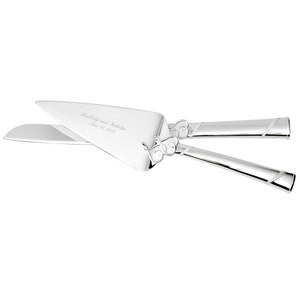 May include: Silver cake knife and server set with a ribbon design and engraved with the names Kimberly and Nicholas and the date June 30, 2019.