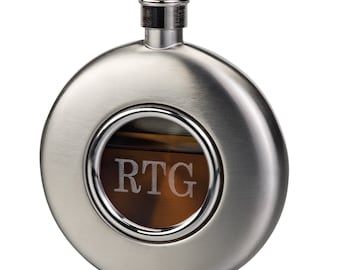 Brushed Stainless Steel Round Flask with Glass Front | Personalized Round Flask | Groomsmen Flask | Bachelor Party | Free Personalization