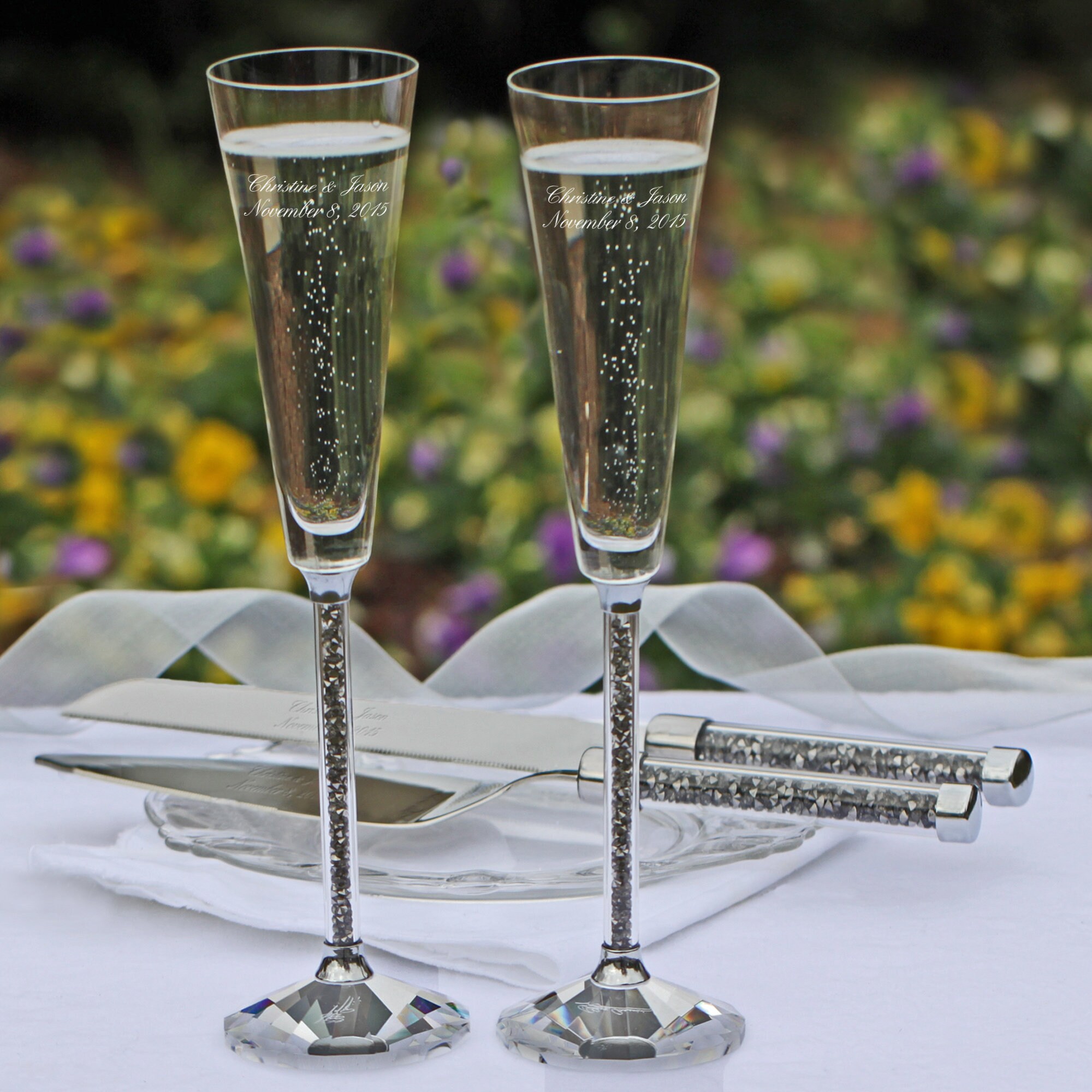 Oleg Cassini Crystal Toasting Flutes Champagne Set Of 2 Glass Crystals Hematite 