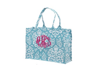 Monogrammed Tote Bag | Turquoise Damask Tote with Monogram  or Name | Personalized Tote | Bridesmaid Gift | Free Personalization
