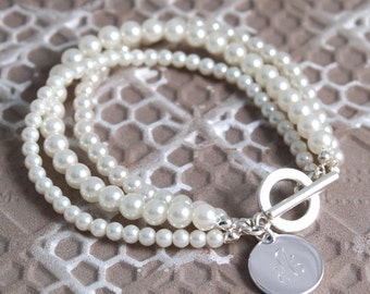 Triple Strand Pearl Bracelet w/ Personalized Initial Charm | Ivory  Pearl Bracelet | Affordable Bridesmaid Gift | Bridesmaid Jewelry