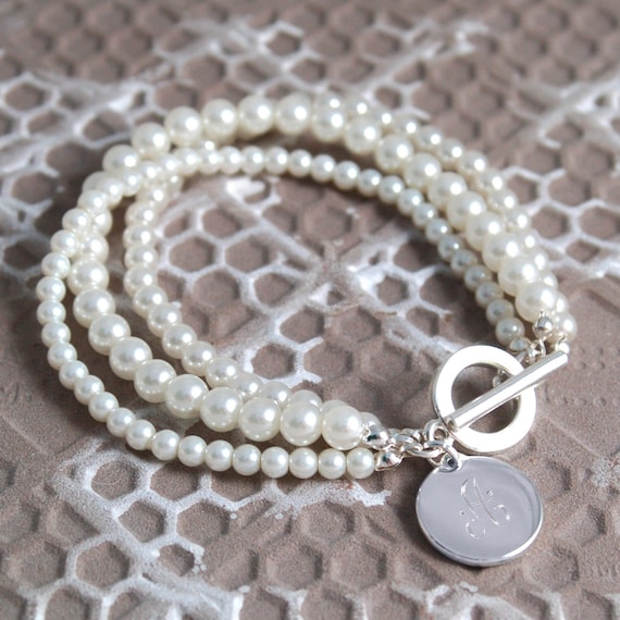 Triple Strand Pearl Bracelet With Personalized Initial Charm