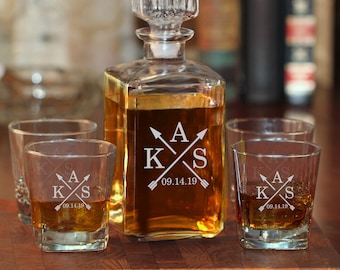 Engraved Whiskey Decanter w/ Optional Glasses | Decanter Set | Home Bar Gift | Liquor Decanter & Whiskey Glasses | Monogrammed Wedding Gift