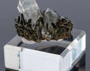 Green EPIDOTE on Quartz crystal 1.45 oz chakra stone specimen on acrylic base #4826T - Hakkari, Turkey