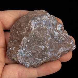May include: A rough, irregularly shaped rock with a mix of brown, grey, and blue hues. The rock has a textured surface and appears to be held in a hand against a black background. The rock's surface has a slightly reflective quality.
