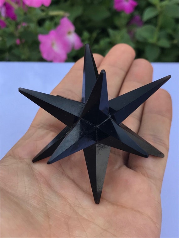 Large 12 Point Black Obsidian Merkaba Stone Star Sacred Geometry Healing Chakra Crystal 75 Mm - 