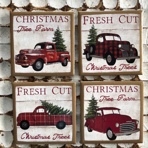 COASTERS! Vintage red pickup truck coasters with Christmas trees and gold trim