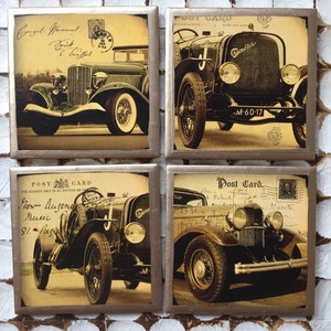COASTERS! Set of antique car ceramic coasters with gold trim