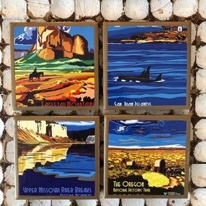 COASTERS! Vintage National Monument travel poster coasters with gold trim