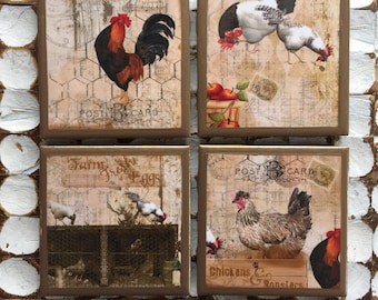 COASTERS!! Roosters and chickens set of coasters with gold trim