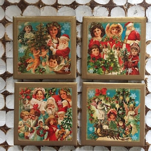 COASTERS!! Set of 4 vintage style Christmas coasters with hand painted gold trim