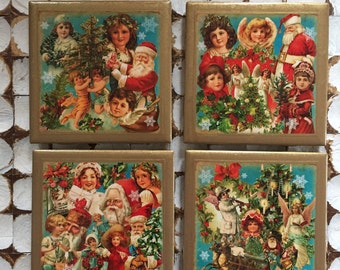 COASTERS!! Set of 4 vintage style Christmas coasters with hand painted gold trim