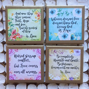 COASTERS!! Gorgeous biblical love quote coasters with  gold trim