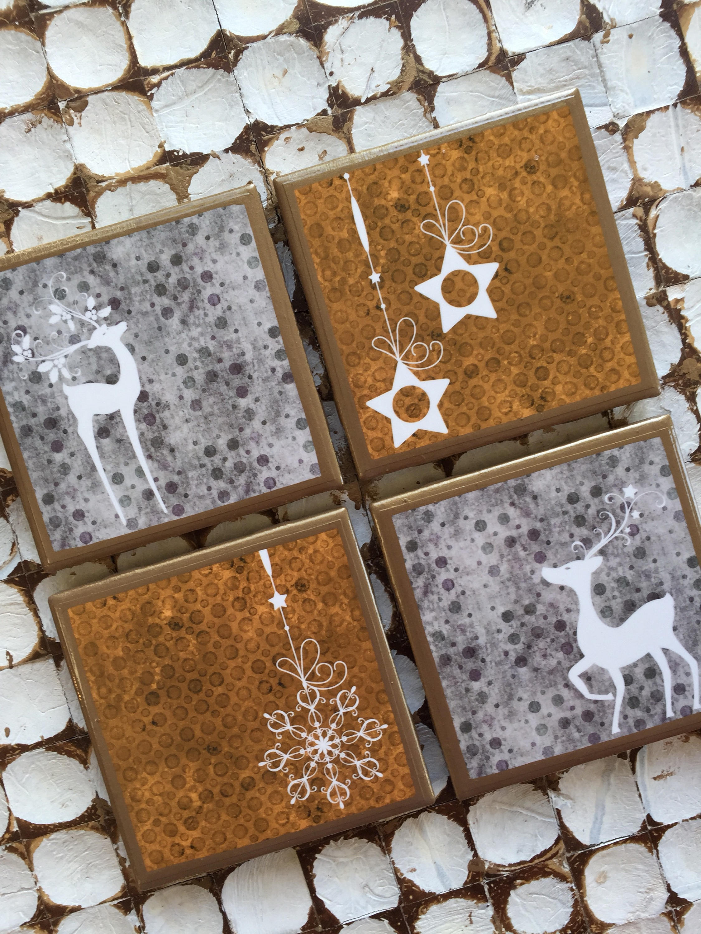 Christmas Ceramic Coasters: Gold Trim, Reindeer & Snowflake