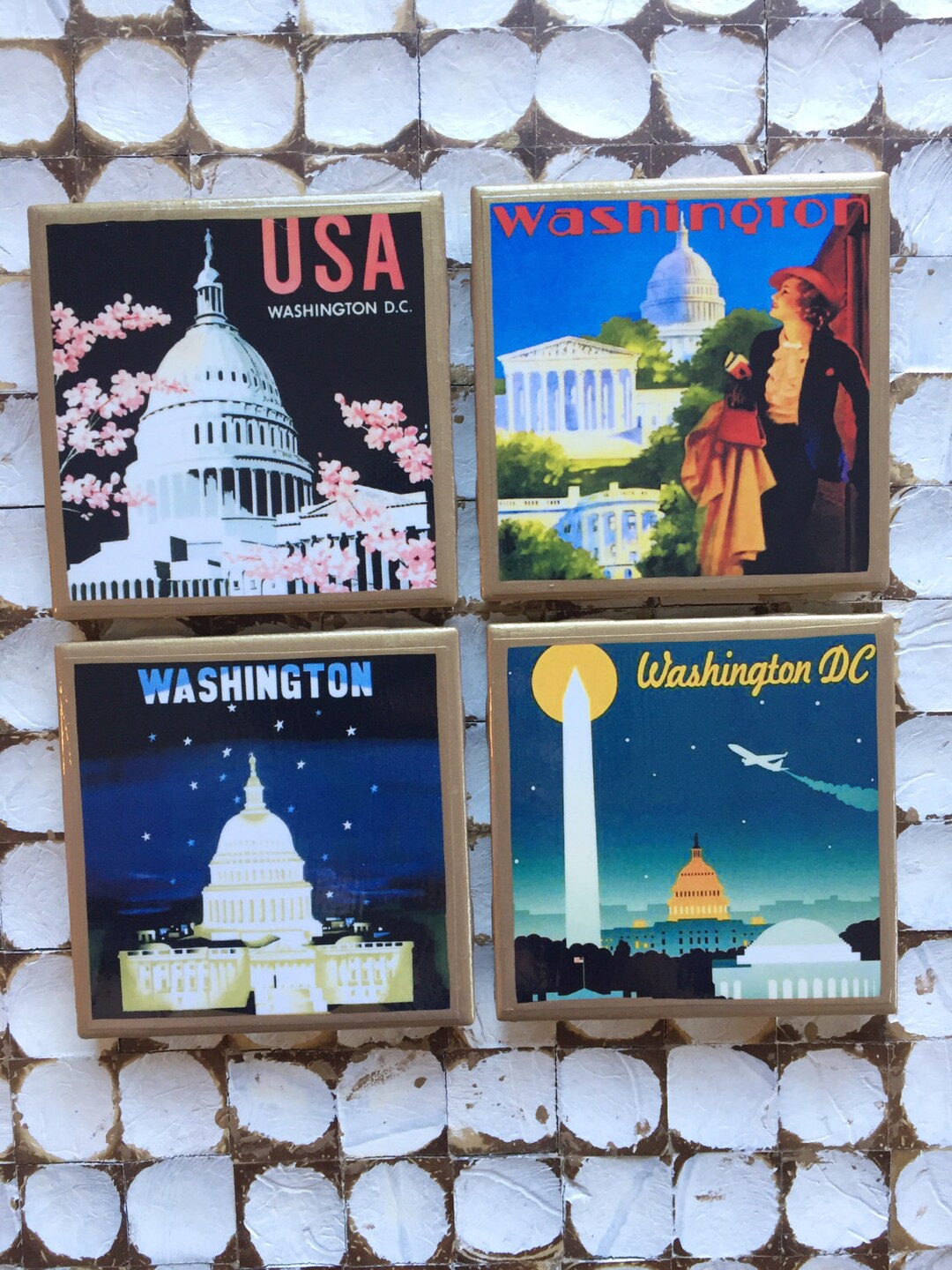 COASTERS Washington DC Vintage Travel Poster Coasters With Gold Trim Etsy