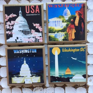 ¡¡PORTAVASOS!! Posavasos con carteles de viajes antiguos de Washington DC y adornos dorados
