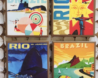 COASTERS! Brazil travel poster coasters with gold trim