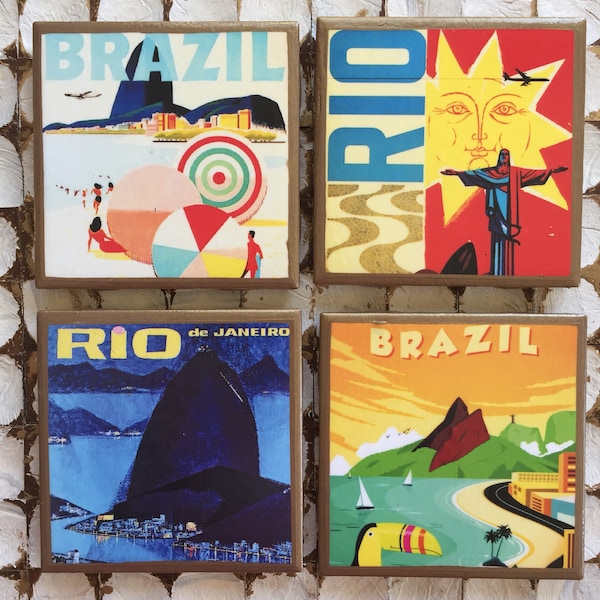 COASTERS! Brazil travel poster coasters with gold trim