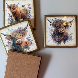 Puede incluir: Un juego de cuatro posavasos cuadrados con ilustraciones de ganado Highland. Tres posavasos muestran retratos detallados de vacas marrones de pelo largo adornadas con coronas florales y mariposas. Un posavasos muestra una parte posterior de corcho.