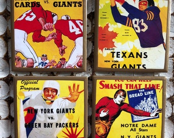 May include: Four vintage-style coasters featuring illustrations of football players and game information. The coasters are brown with a yellow background and feature the text "Chicago Cards vs. New York Giants", "Dallas Texans vs. New York Giants", "Official Program New York Giants vs. Green Bay Packers", and "Smash That Line! The Bread Line Notre Dame All Stars vs. N.Y. Giants Polo Grounds Dec 14 1920 - 1:30 PM".