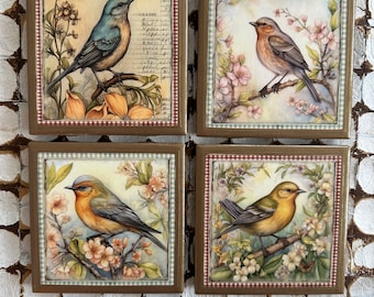 Sous-bocks oiseaux : sous-bocks en céramique avec bordures dorées - Lot de 4