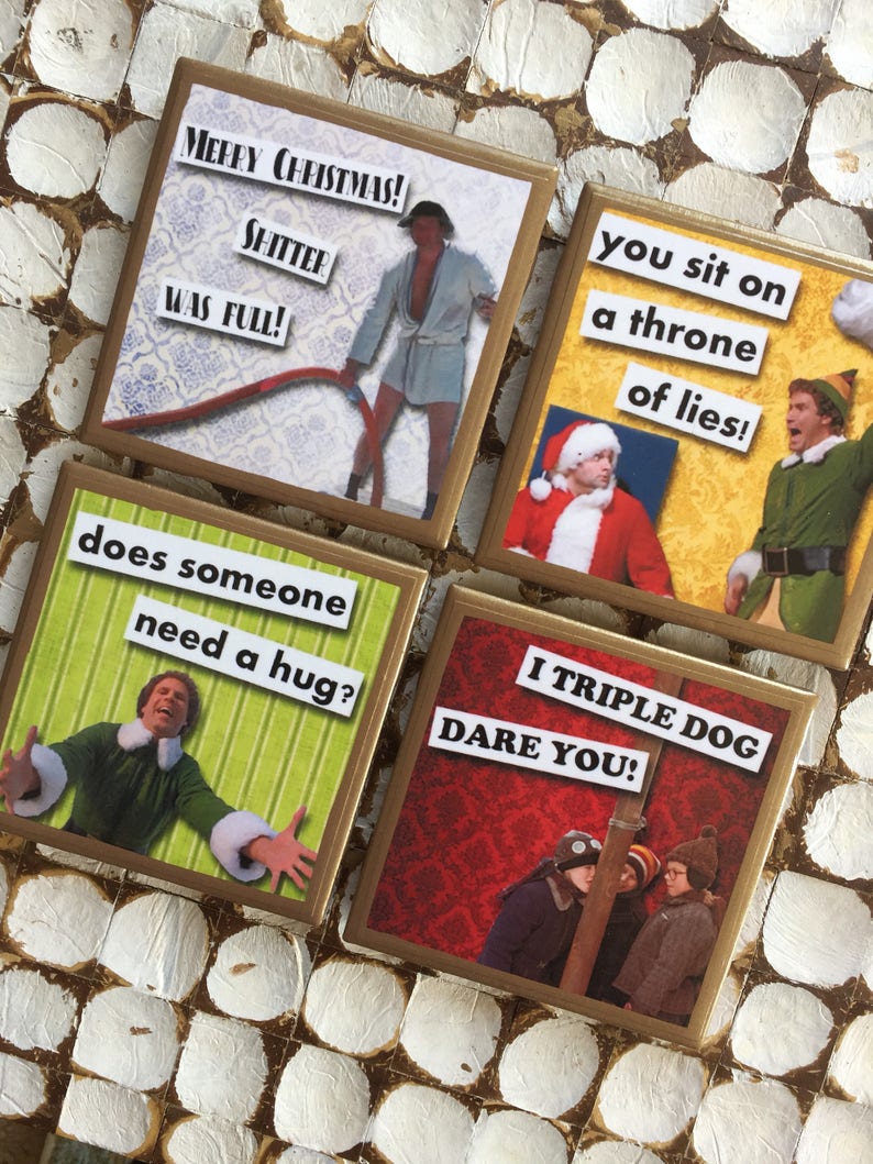 COASTERS Funny Christmas movie quotes set of coasters with gold trim