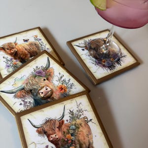 Puede incluir: Tres posavasos cuadrados con bordes dorados, cada uno con una ilustraci&oacute;n impresa de una vaca Highland marr&oacute;n adornada con flores coloridas. Un posavasos sostiene una copa con una bebida rosa y una rodaja de lima.