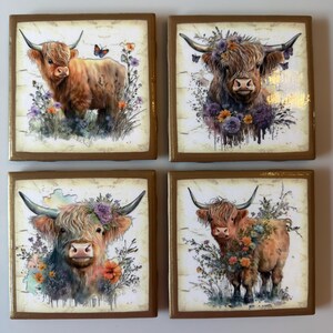 Puede incluir: Un juego de cuatro posavasos cuadrados con ilustraciones de ganado Highland. Cada posavasos muestra una vaca marr&oacute;n de cuernos largos, rodeada de arreglos florales estilo acuarela, vegetaci&oacute;n y mariposas sobre un fondo claro y texturizado.