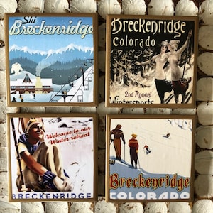 COASTERS! Breckenridge, CO vintage inspired ski travel poster coasters with gold trim