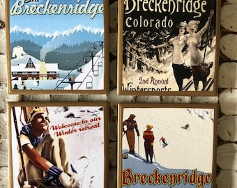 ¡POSAVASOS! Pósteres vintage de viaje de esquí de Breckenridge, Colorado, con ribete dorado.