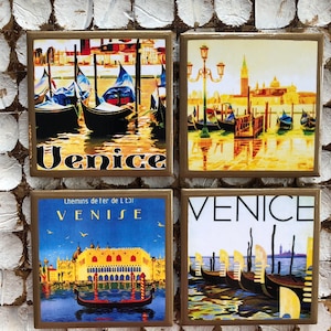 SOTTOBICCHIERI! Sottobicchieri vintage con poster di viaggio di Venezia con finiture dorate