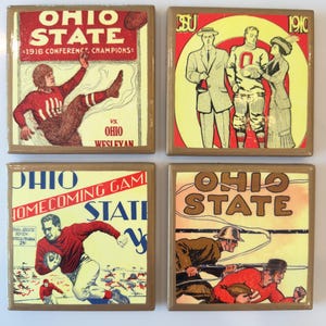 May include: A set of four square coasters featuring vintage Ohio State football illustrations. Each coaster displays historical graphics, including players in red uniforms, text such as Ohio State 1916 Conference Champions, and 1910, with tan borders.