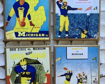 COASTERS! Throwback Michigan football program cover coasters with gold trim.