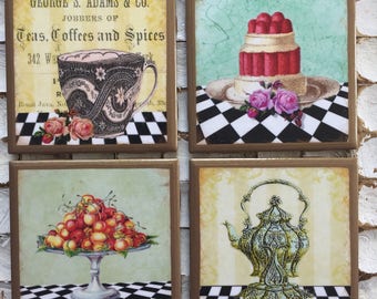 COASTERS! Black and white check tea party coasters with gold trim!