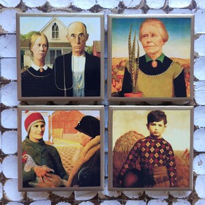 COASTERS! Grant Wood paintings featuring American Gothic set of coasters with gold trim