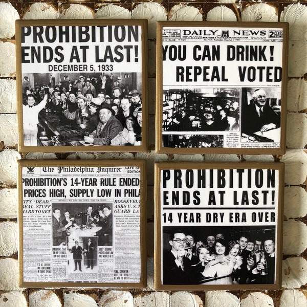 COASTERS! Prohibition newspaper headline coasters with gold trim