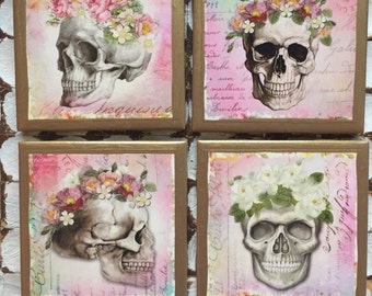 COASTERS!!! Floral skull coasters with gold trim