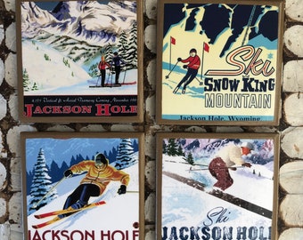 COASTERS! Jackson Hole vintage inspired travel poster coasters with gold trim