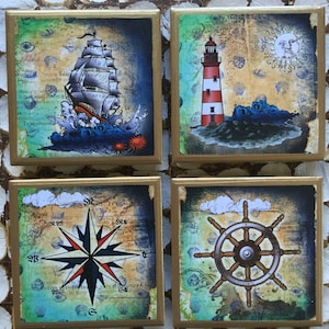 COASTERS!! Anchors away set of nautical coasters with gold trim. Great beach house coasters!