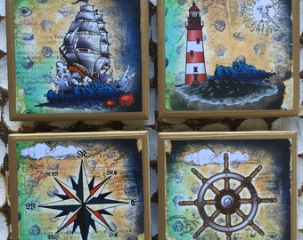 Nautical Coasters: Anchor, Ship, Lighthouse, Compass - Beach House Decor