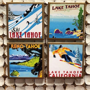 PORTA-COSPOS! Porta-copos retrô com pôster de viagem do Lago Tahoe e detalhes dourados