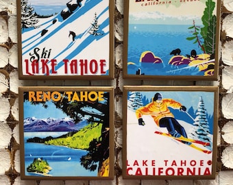 COASTERS! Lake Tahoe retro travel poster coasters with gold trim