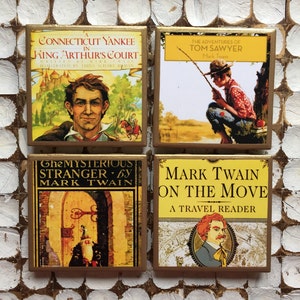 COASTERS! Mark Twain book cover coasters with gold trim