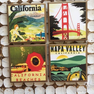 COASTERS! Vintage California travel posters coasters with gold trim