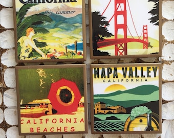 COASTERS! Vintage California travel posters coasters with gold trim